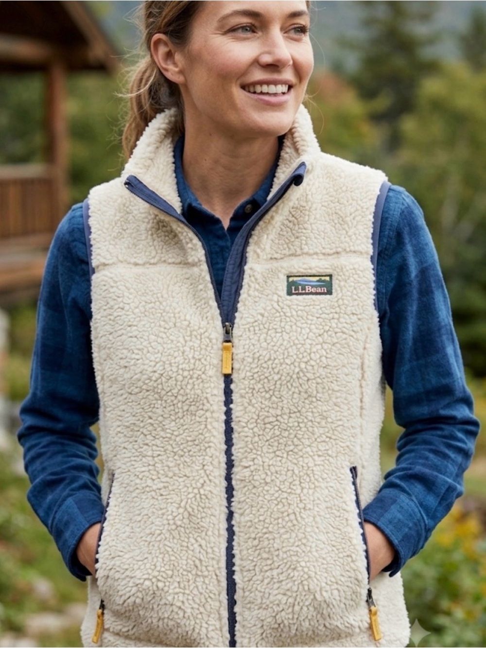 L.L. Bean Cream Sherpa Fleece Vest with Navy Trim